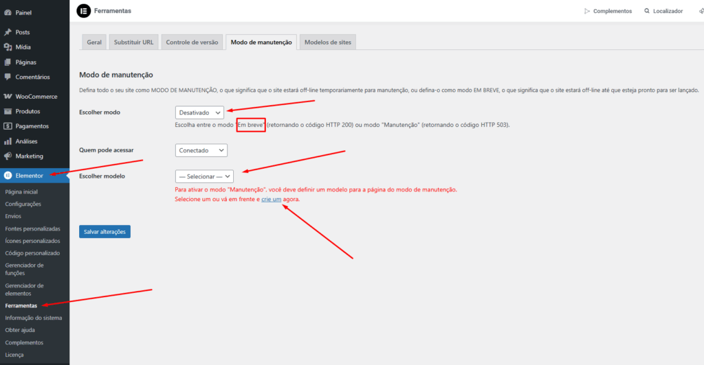 Ativando o modo de manutenção no painel do Elementor
